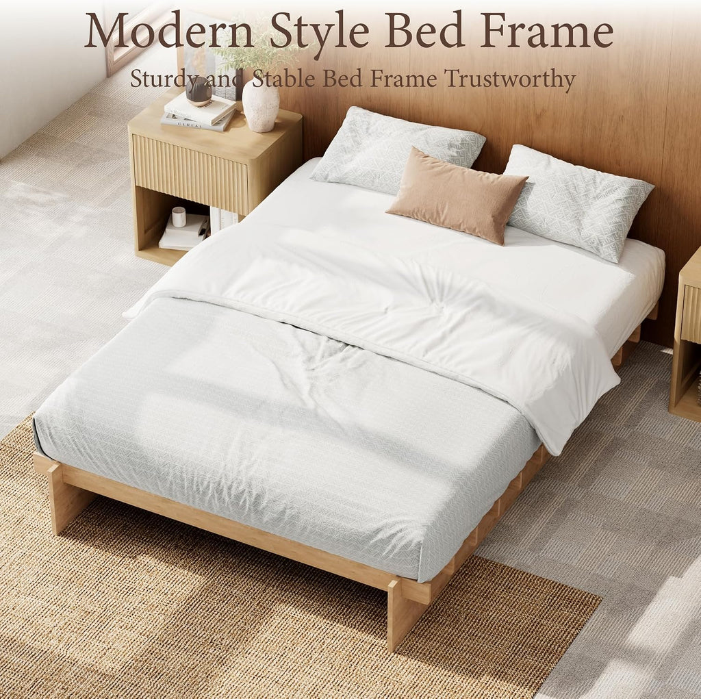 Japanese Platform Bed Frame with Wooden Slats, Easy Assembly