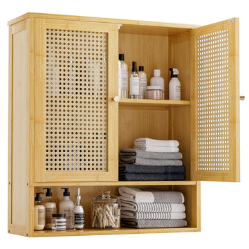 Bathroom Wall Cabinet, Bamboo Over-The-Toilet Storage Organizer with 2 Rattan Doors and Adjustable Shelf, Space Saver