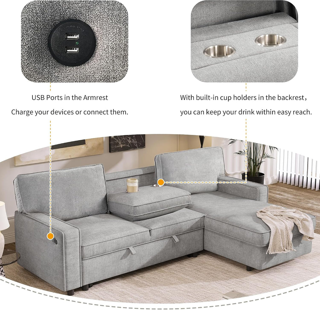 89" Convertible L-Shaped Sleeper Sofa Bed with Storage Chaise, Gray | Modern L-Shaped Sectional Pull Out Couch