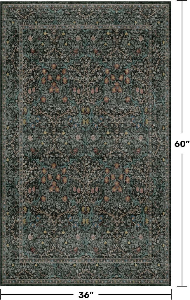 Vintage Floral Dark Green Area Rugs Beside Rug, Laundry Room, Non-Slip Low Pile Ultra Soft Stain Resistant Small