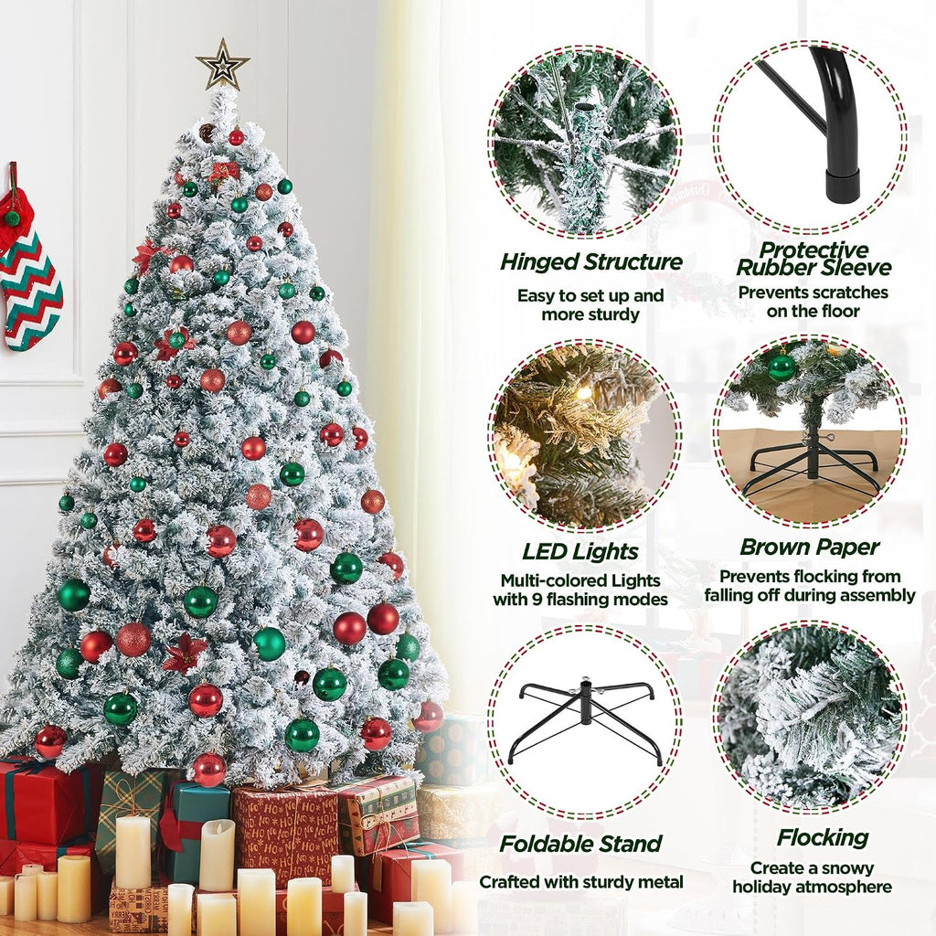7.5ft Pre-lit Spruce Artificial Christmas Tree Snow Flocked Hinges Tree with 550 Multicolor LED Lights & 1284 Branch