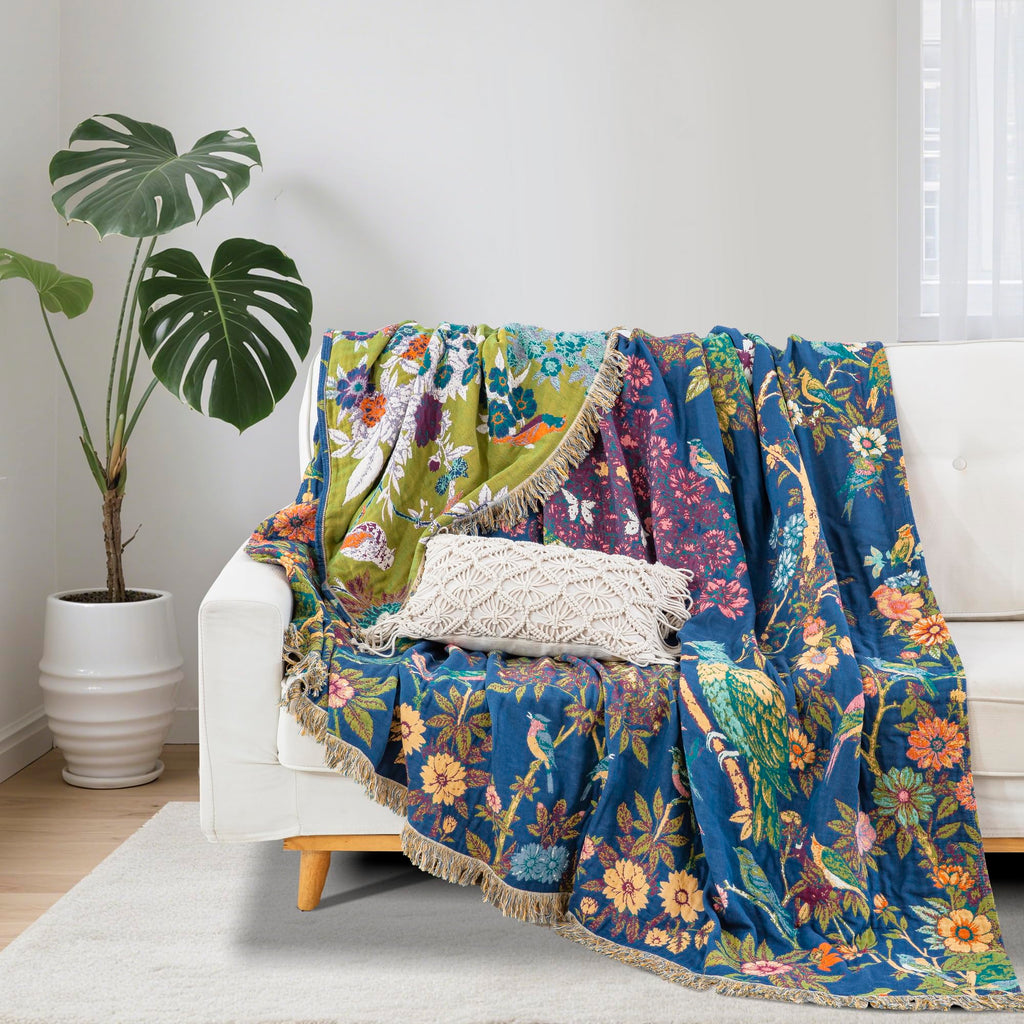 90"x98" Bohemian Floral Muslin Blanket Throw Blue Birds Gauze Quilt Bedspread Farmhouse Rustic Vintage Cottage Woven