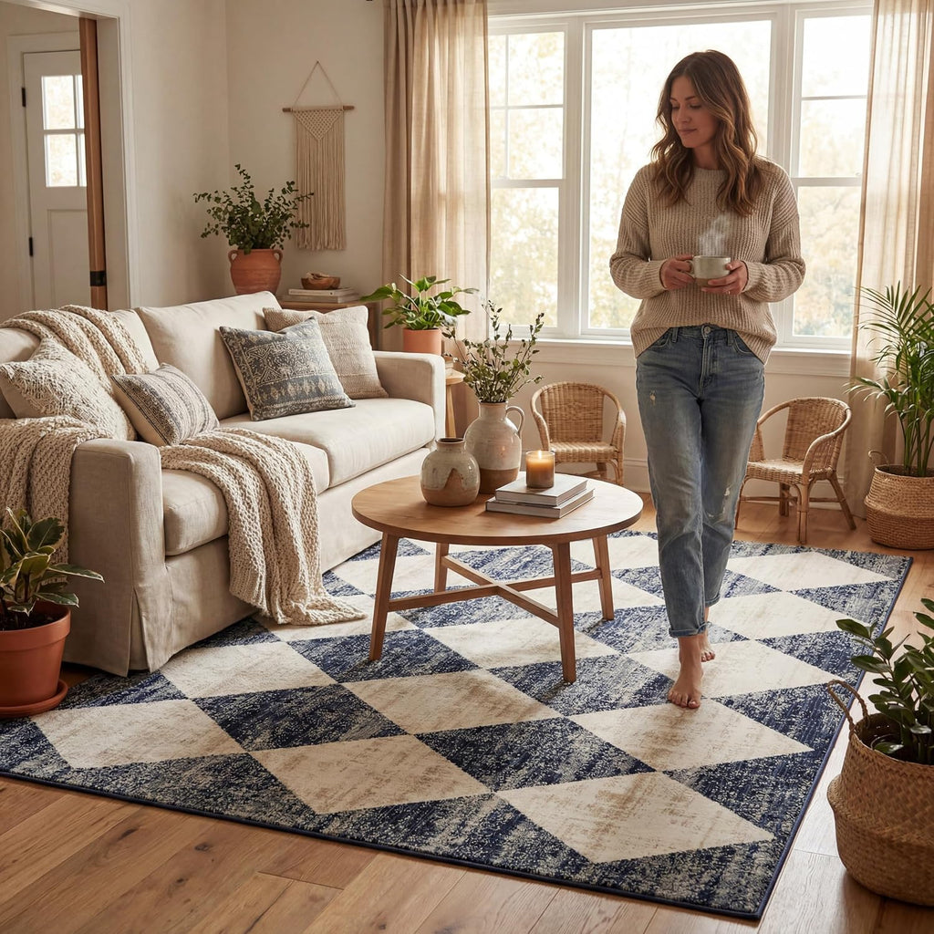 Meline Checkered Runner Rug Bedroom Dining Room Entryway Hallway, Navy