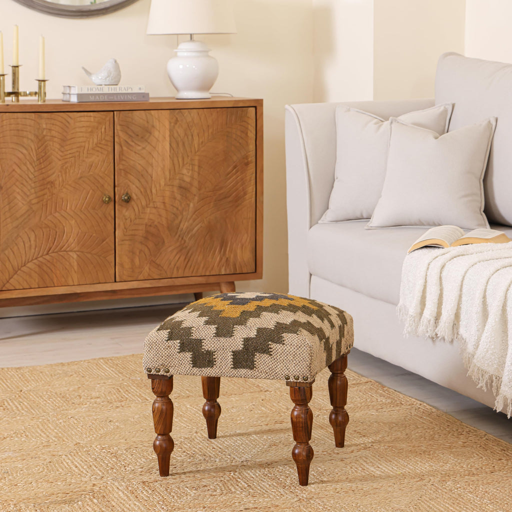 Handmade Jute Upholstered Ottoman Stool | Square Foot Rest with Wooden Legs | Decorative Accent Seating, Vanity &