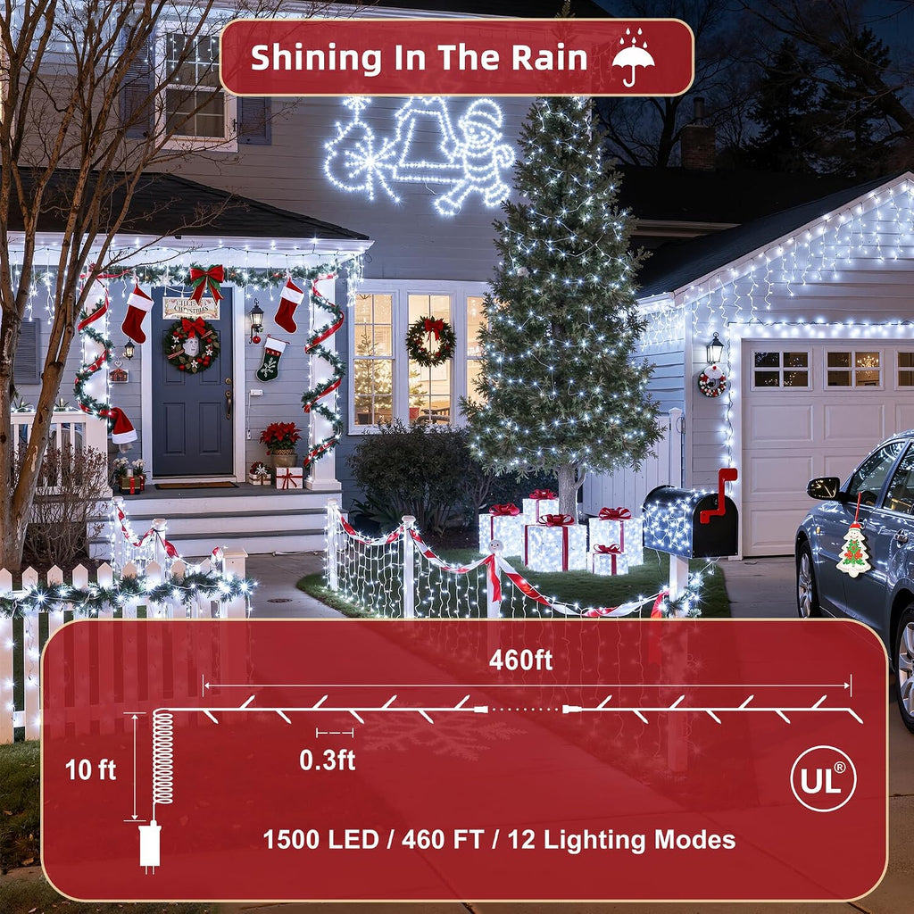 470FT Christmas Lights Outdoor, 1500 LED Christmas Tree Decoration Lights with 12 Modes & Timer Memory, Dimmable Plug