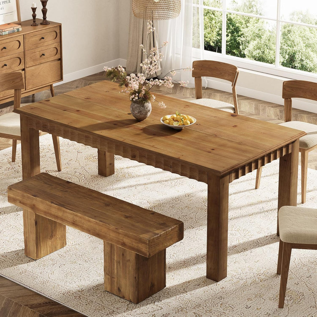 63-Inch Solid Wood Dining Table for 6, Farmhouse Kitchen Table with Heavy Duty Legs, Rectangular Wood Dinner Table