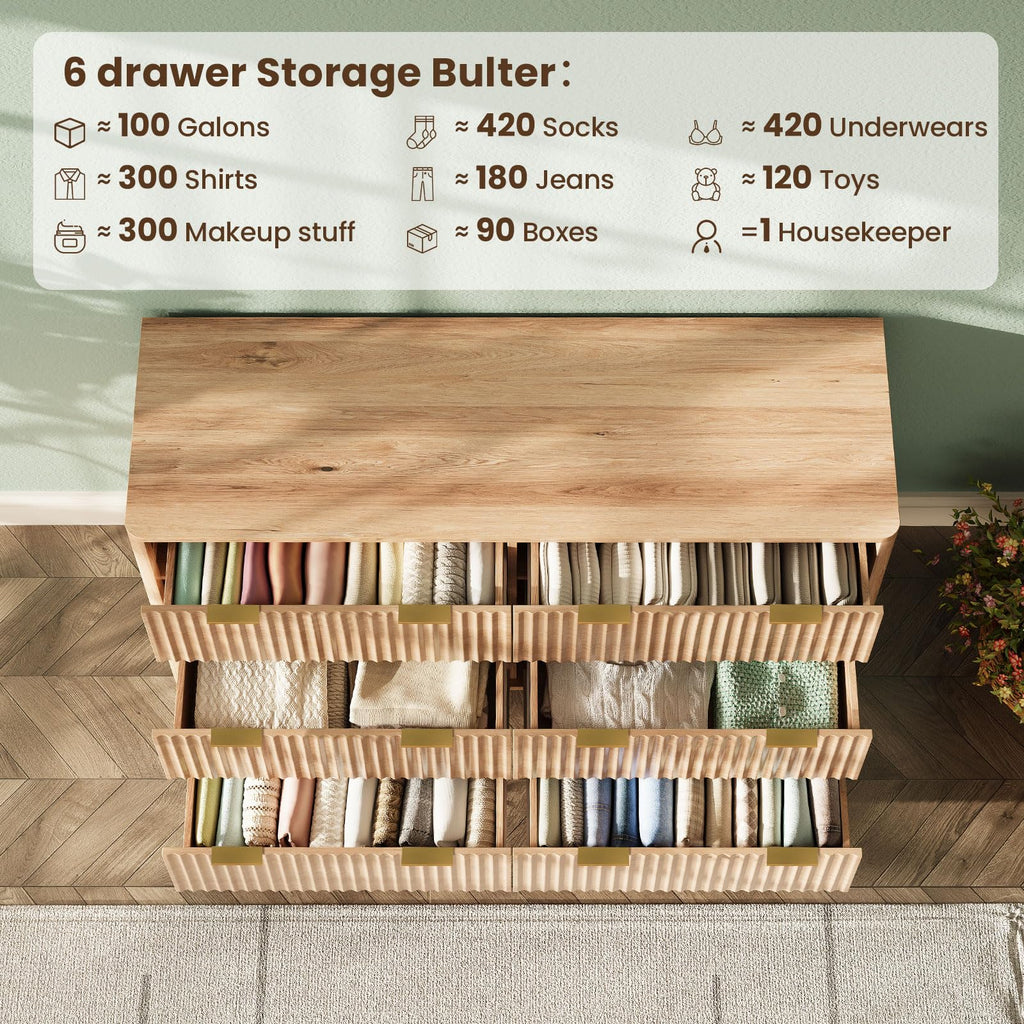 47" Wide Fluted 6 Drawers Dresser, Curved Edge, Oak