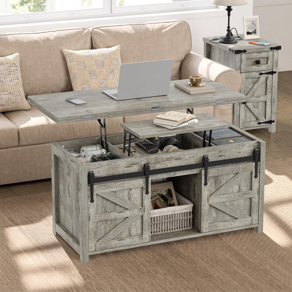 Lift Top Coffee Table with Storage, 4 in 1 Multi-Function Farmhouse Wood Coffee Table with Sliding Barn Doors, Center