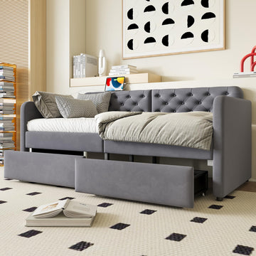 Daybed with Storage Drawers, Twin Size Velvet Upholstered Sofa Bedframe w/USB Port, Button Tufted Backrest and