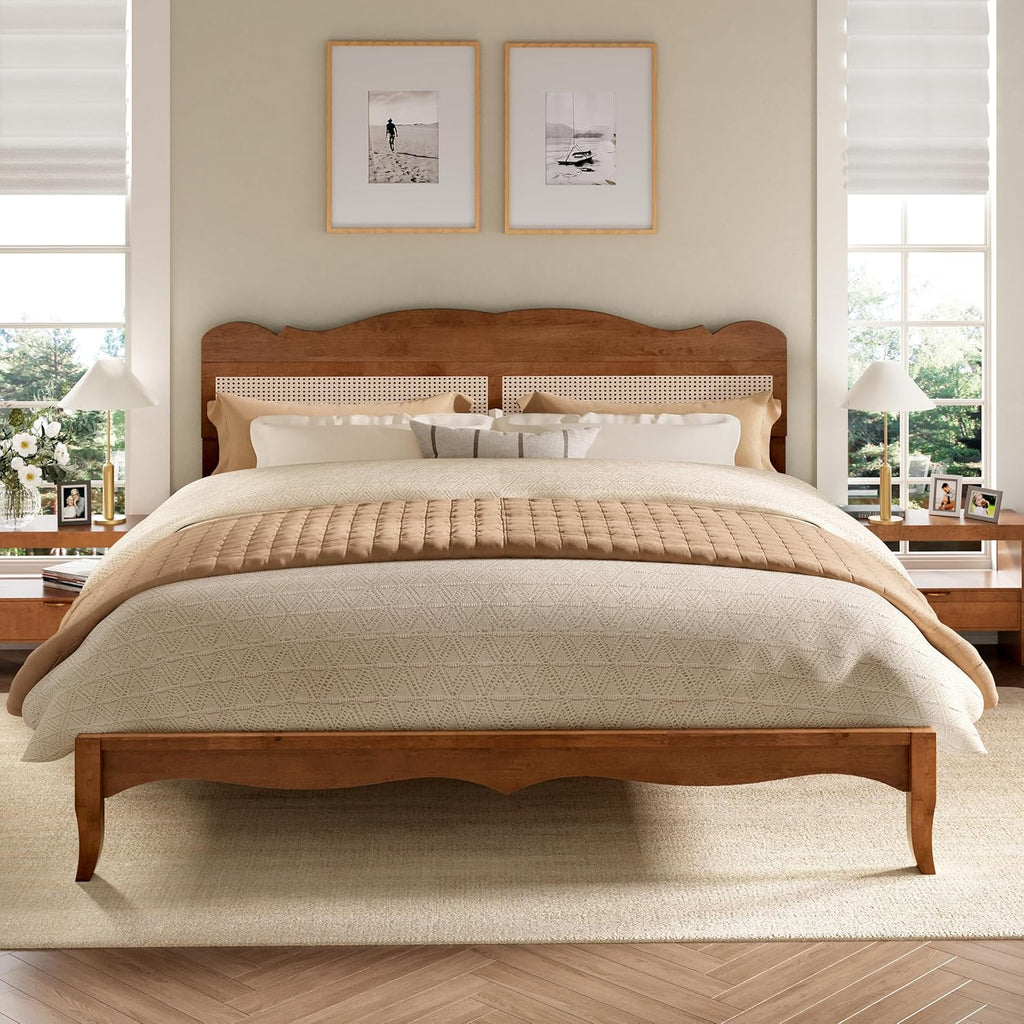 Rattan Queen Bed Frame with Headboard, Natural Solid Wood Bed Frames, Vintage Bedframe, No Box Spring Needed, Brown