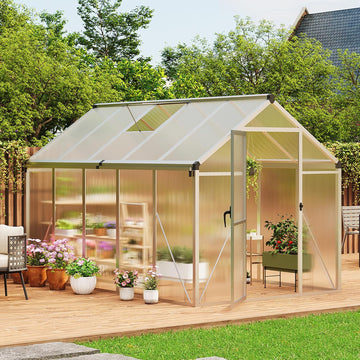 6X10 FT Greenhouse for Outdoors, Large Walk-in Polycarbonate Greenhouse Kit, Aluminum Frame, Lockable Door, Roof