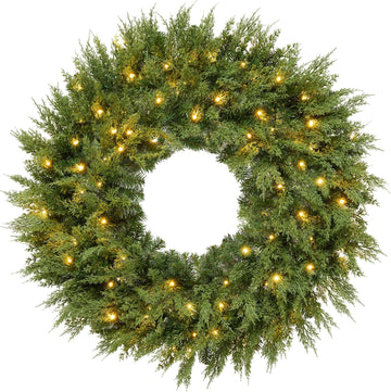 Pre-Lit Cedar Cypress Christmas Wreath w/Twinkling LEDs, 48in Realistic Large Indoor/Outdoor Holiday Decor for Door