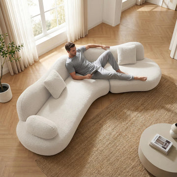 Curved Sectional, 5-Seater, Deep Seat, Pillows, Bouclé, Modern, White