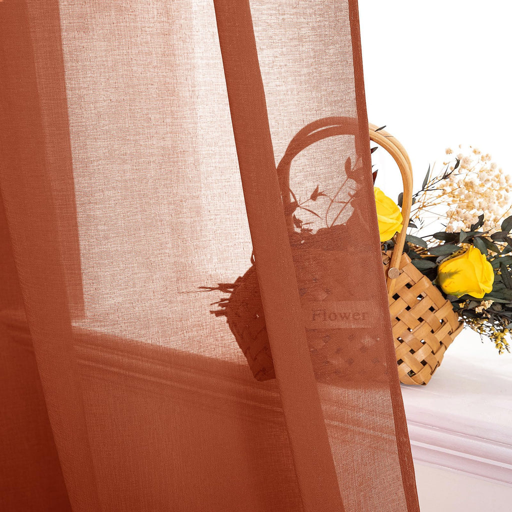 Boho Fall Terracotta Linen Textured Sheer Curtains 54W×72L 2 Panels