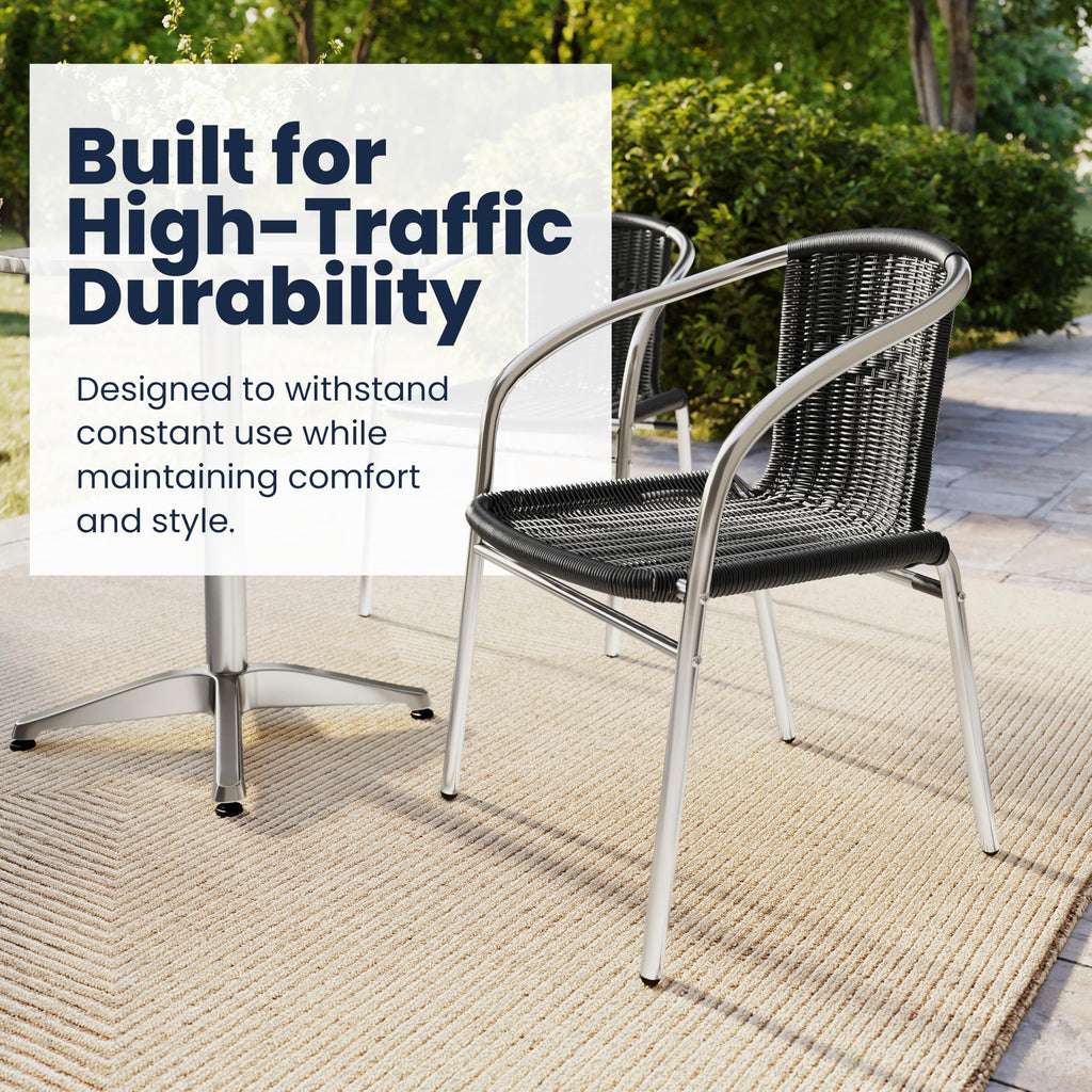 Lila 4 Pack Commercial Aluminum and Black Rattan Indoor-Outdoor Restaurant Stack Chair