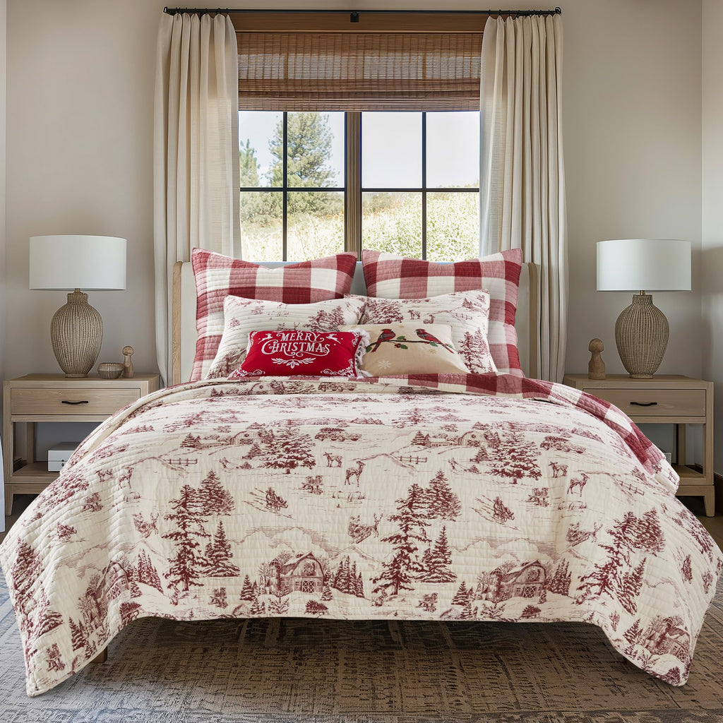 Winter Sleigh Ride - Euro Sham Set of 2 - Buffalo Plaid - Red and Cream - (26x26in.), No Insert - Cotton