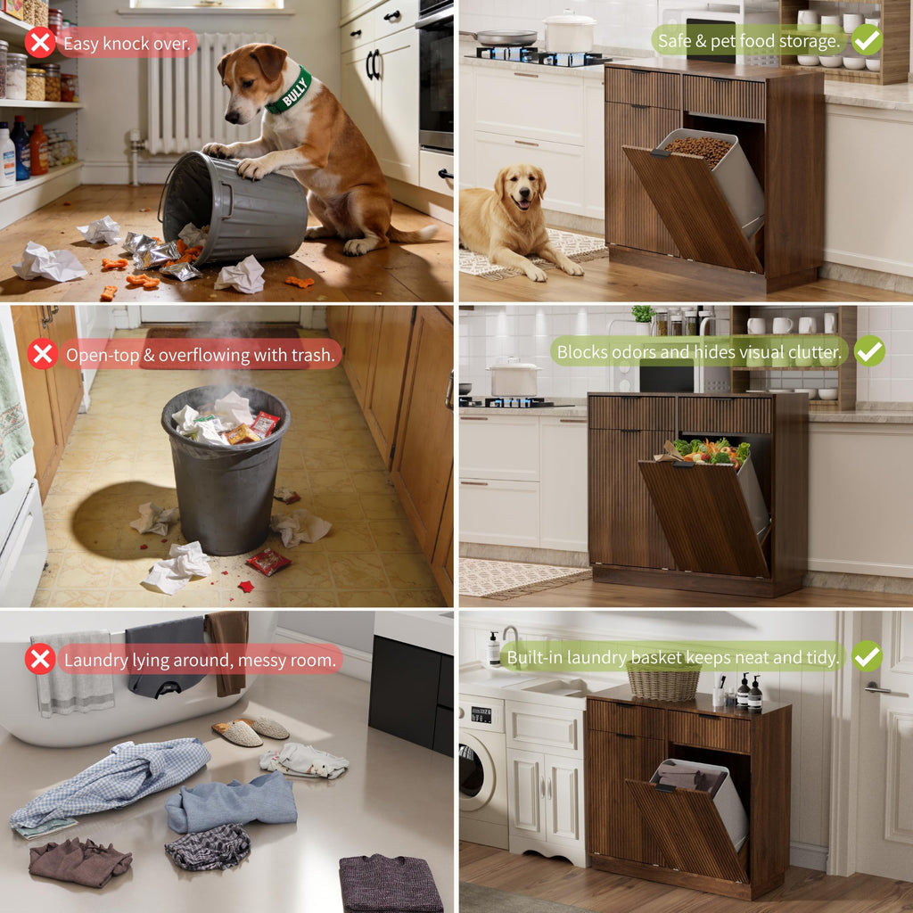 Dual 10 Gallon Tilt-Out Trash Cabinet, Laundry Hamper Cabinet, 2 Drawers.