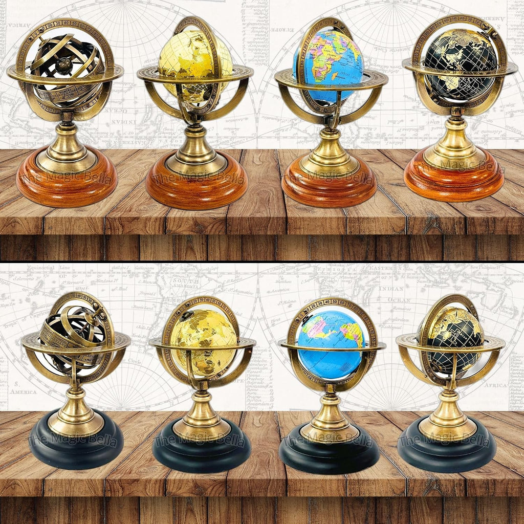 5.10" Nautical Brass Armillary Sphere World Globe with Jet Black Map & Black color Wooden Base - Elegant & Durable