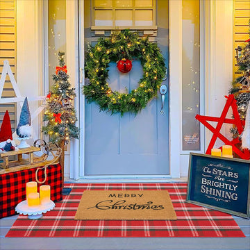 Christmas Door Mat Combo Set - 100% Coco Coir Welcome Mat + 3' x 5' Red Green White Plaid Rug, Christmas New Year