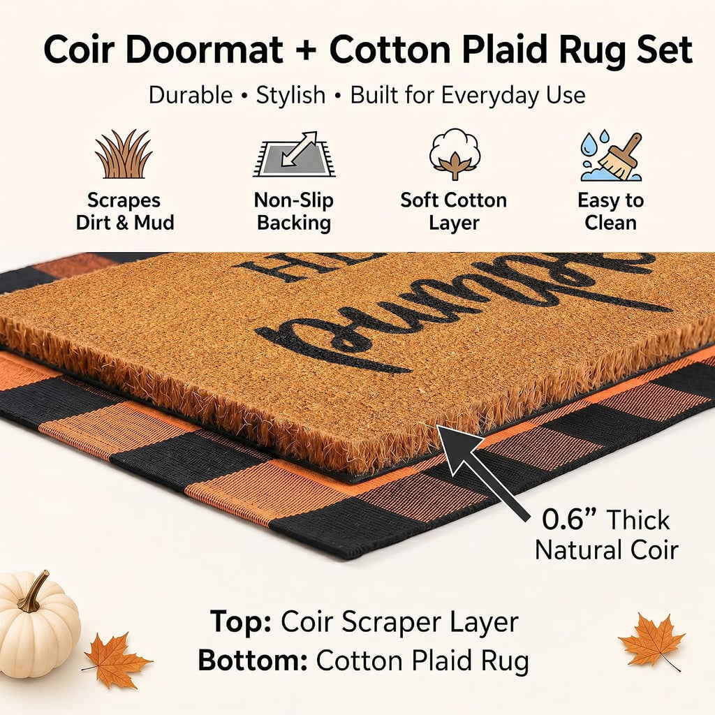 Fall Decor Door Mat Combo Set, 100% Coco Coir Welcome Mat + 28 x 43 Inches Orange and Black Plaid Rug- Fall - Set of 2