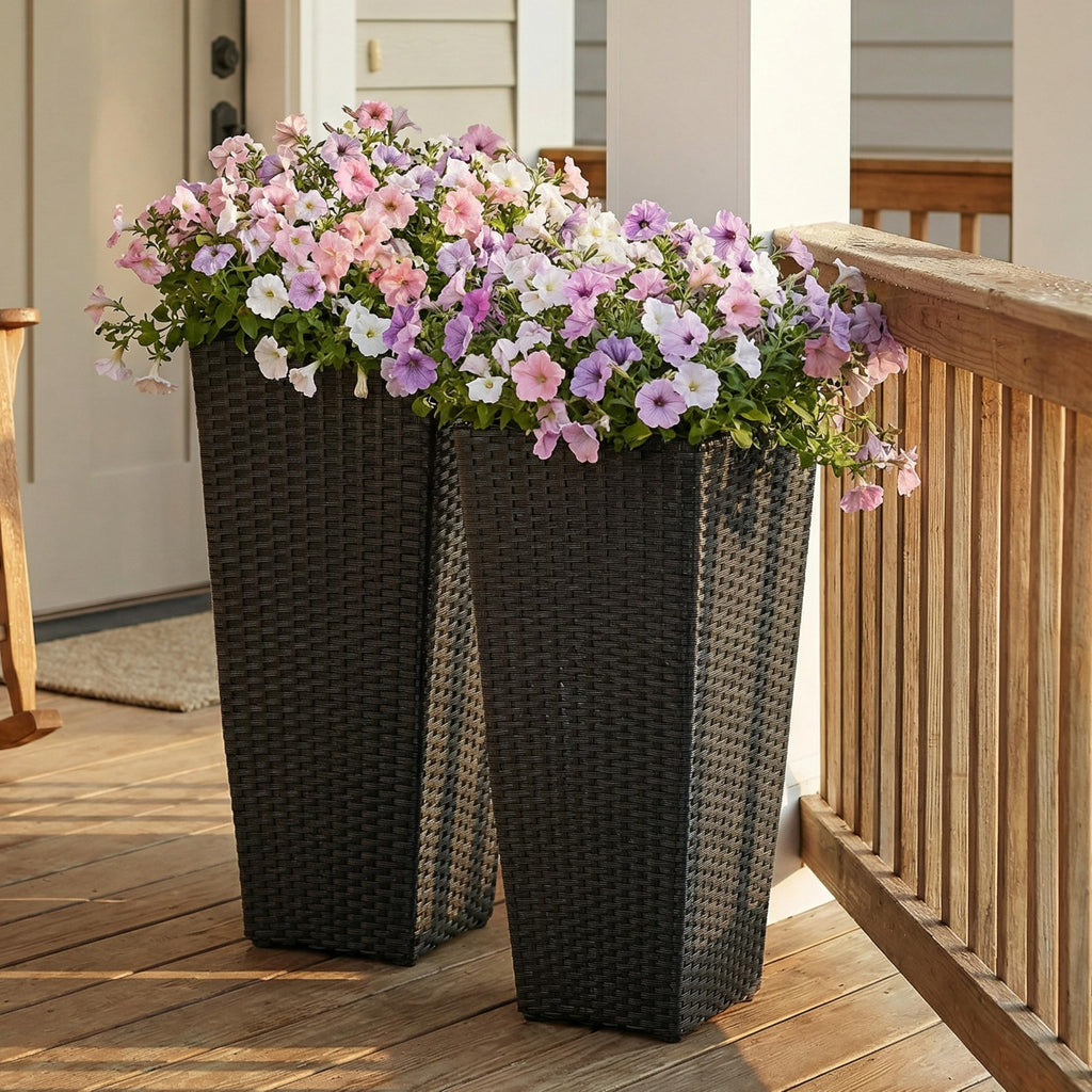 20" Square Tall Wicker Outdoor Planter, Black, 2pk