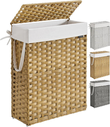 Slim Laundry Hamper with Lid, 14.5 Gallon (55L) Rattan Clothes Laundry Basket with Lid and Handles, Foldable