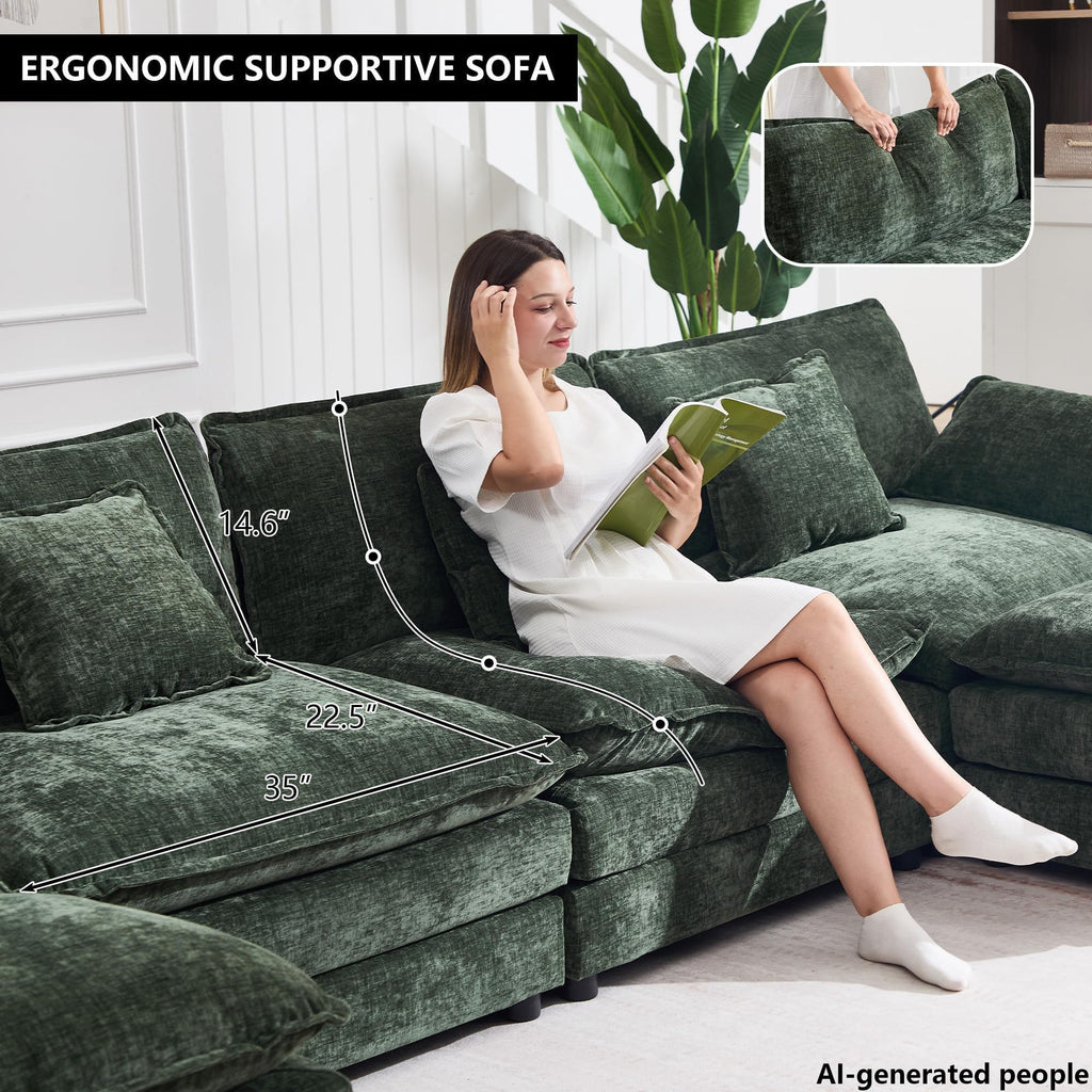 76.7" W Green Deep Seat Cloud Loveseat Sofa Sectional Couch, Chenille 2 Seat L Shaped Modular with Ottoman Chaise Set