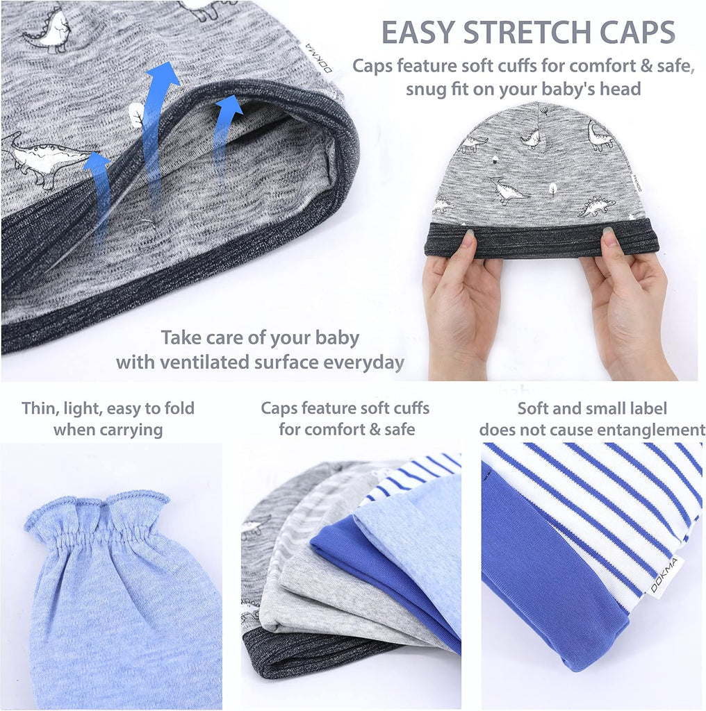 Organic Cotton Baby Mittens and Caps Set - Mittens for Newborn - Ultra Soft, No Scratch - 5 Caps x 3
