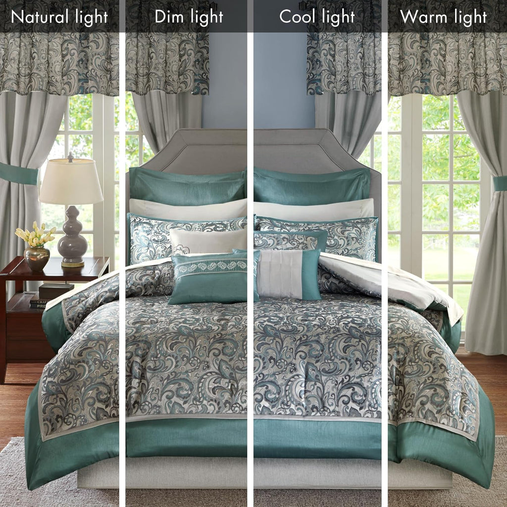 24 Piece Faux Silk Paisley Queen Comforter Set with Matching Curtains, Down Alternative Hypoallergenic