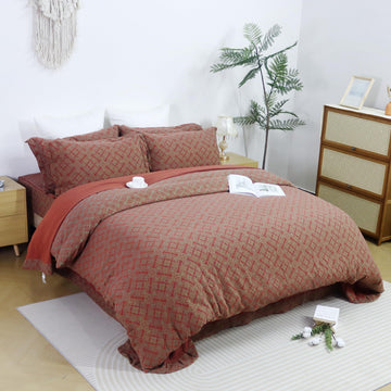 Vintage 3Pcs Boho Cal King Size Duvet Cover Set Rust Red Floral Damascus Print Bedding Set Medallion 1 Duvet Cover