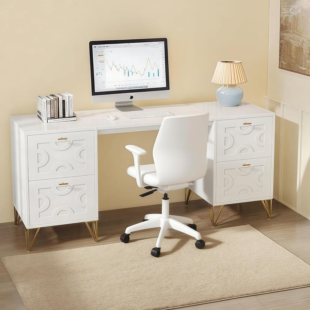 White and Gold Computer Desk, 59'' Modern Writing Table with File Drawers