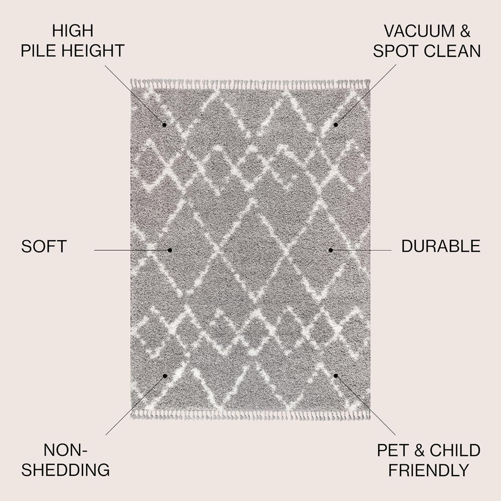 Mercer Shag Plush Tassel Gray/Ivory Indoor Area Rug, Moroccan Geometric Trellis, Contemporary, Easy-Cleaning