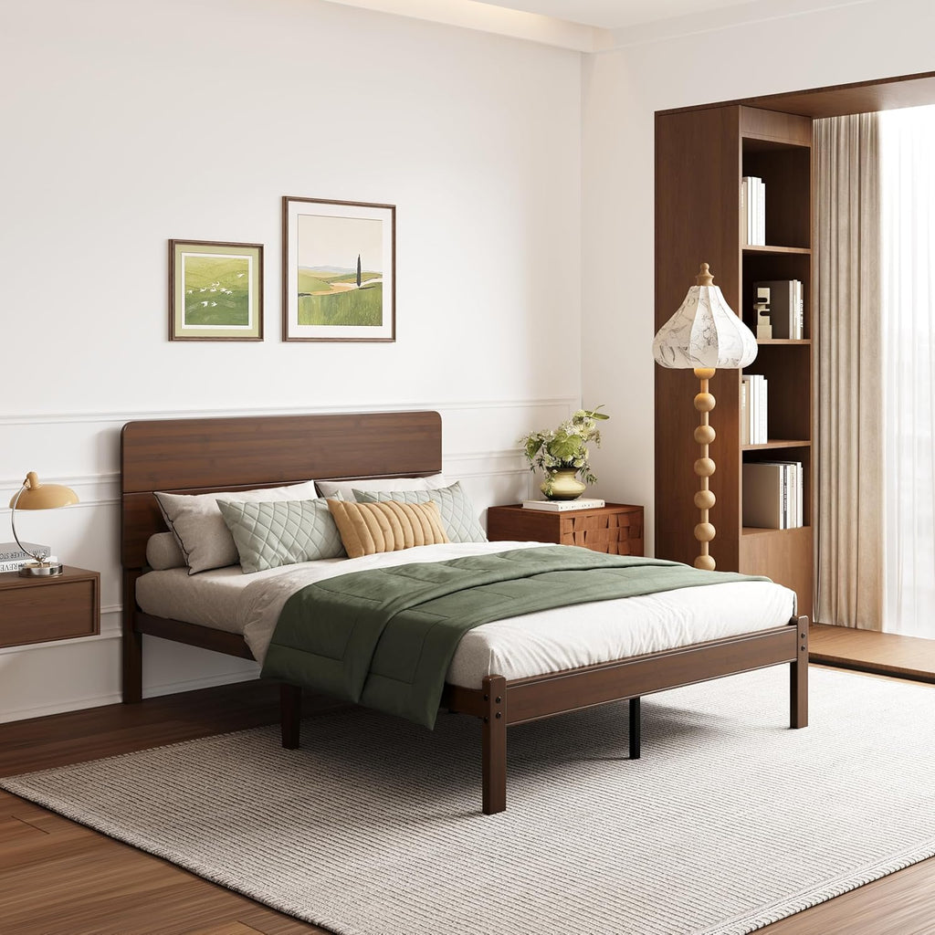 14in High Solid Bamboo Wood Platform Queen Bed Frame with Headboard, Reinforced Heavy Duty Metal Slats, Noise Free