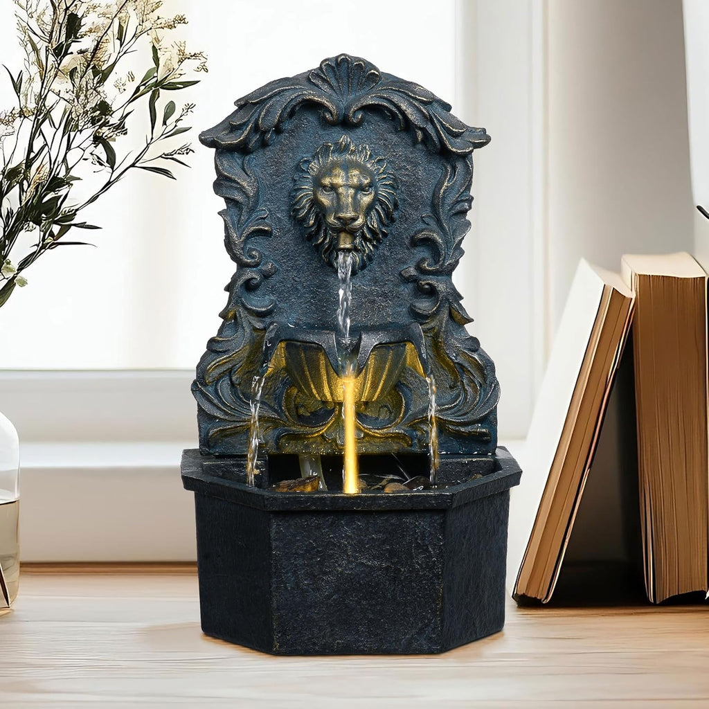 Tabletop Waterfall Fountain with Lion Head - Resin Table Top Water Fountains Indoor for Desk & Home Decor (RJ-21116N)