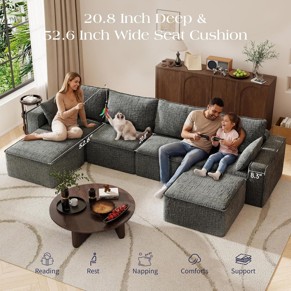 145.6” L Shaped Boneless Couches for Living Room, Modular Sofa Memory Foam
