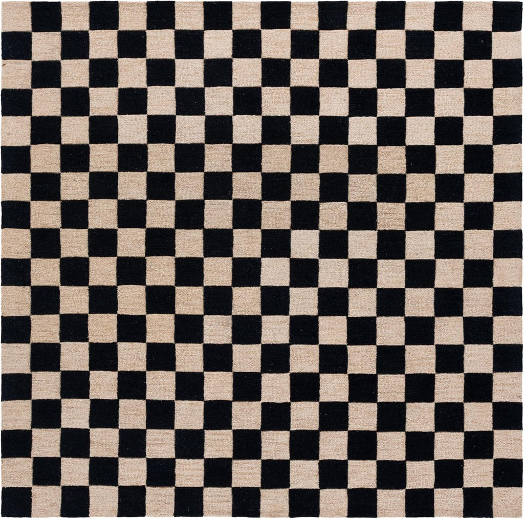 X Area Rug Collection - 6' Square, Black & Beige, Handmade Wool, Checkered Pattern, Ideal, Dining Space (MSR4760Z)