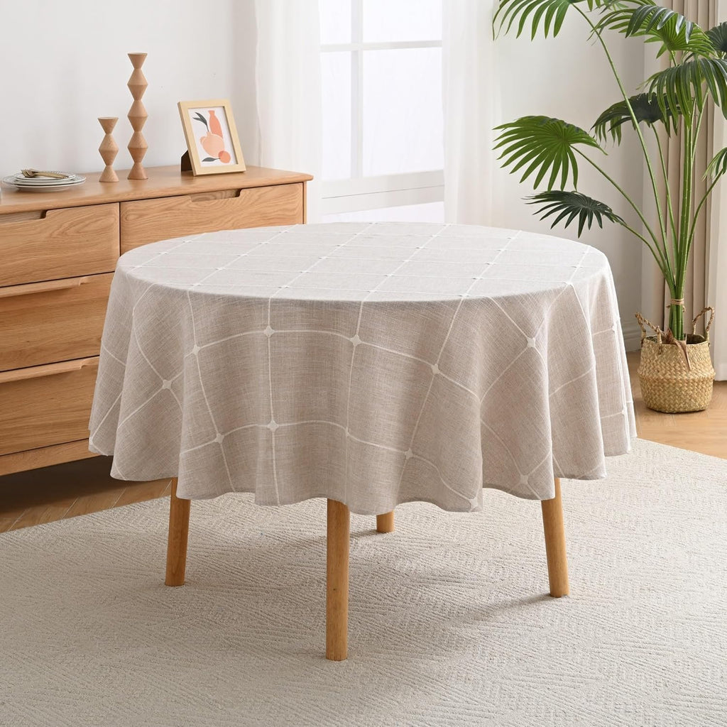 Lattice Embroidery Plaid Round Tablecloth, Heavy Duty Cotton Linen Fabric Wrinkle Resistant Round Ta