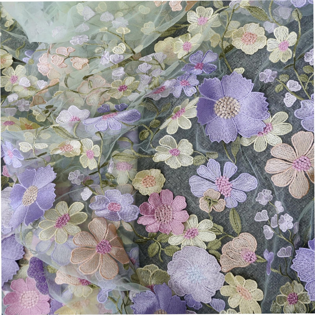 1Yard Blue Embroidery Fabric, Latest Elegant Classic3D Colored Flowers Embroidery Heavior Tulle Lace Fabric for DIY