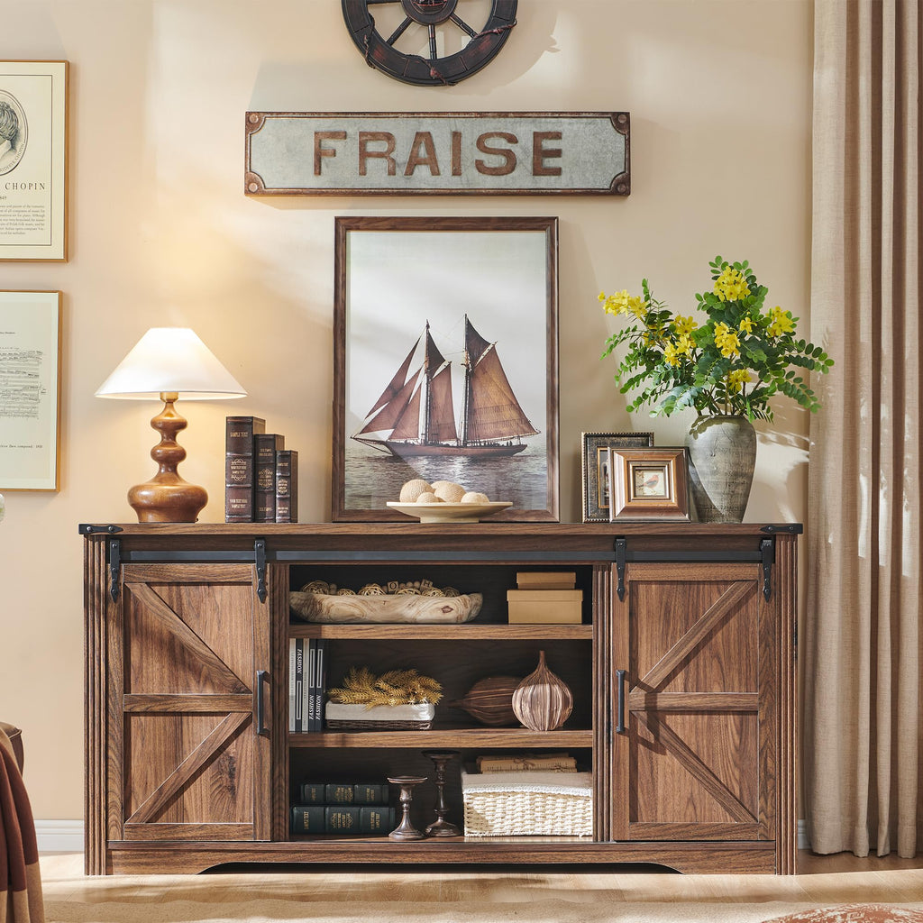 Farmhouse 66"TV Stand for 75+ Inch TV, With 4 Drawers & Sliding Barn Door