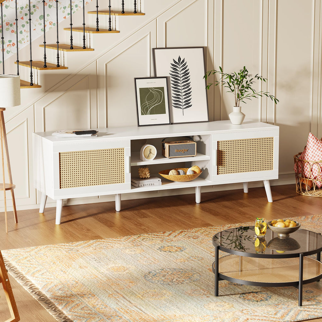 TV Stand for 65 Inch TV, Entertainment Center with Adjustable Shelf, Rattan TV Console with 2 Cabinets, Media