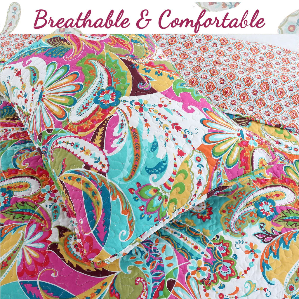 Gorgeous Paisley Floral Bloom Reversible Quilt Bedding Set, Bedspread Coverlet Lightweight for All Seasons (Flourish