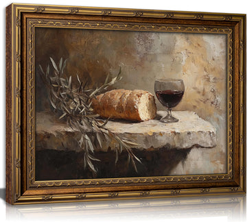 Vintage Gold Framed Still Life Wall Art, Christian Kitchen Communion Painting Canvas Prints, Bread Wine Olive Branch