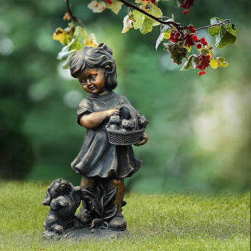 LuxenHome Garden Decor Statue,23" Fiber Stone Girl and Puppy Outdoor Statue | Bronze Garden Sculpture, Outdoor Art
