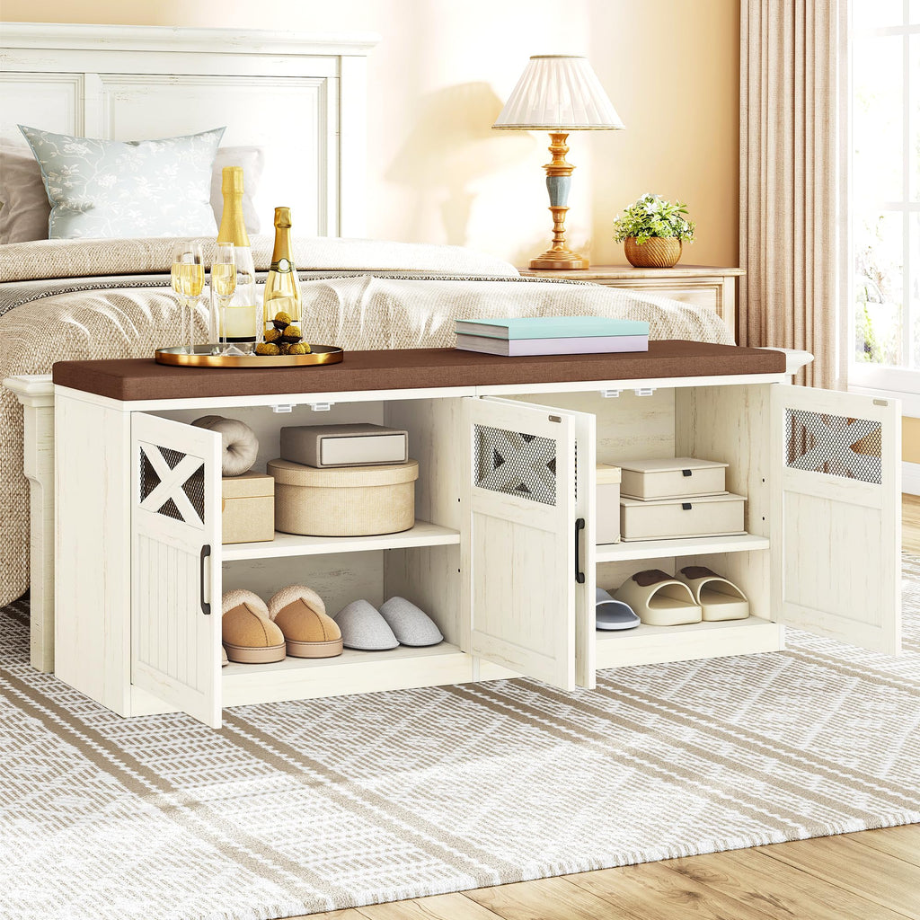 47.2" Shoe Storage Bench with 4 Barn Doors & Padded Seat Cushion