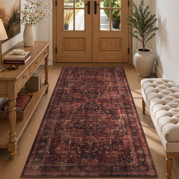Washable Hallway Runner Rug 3'x6', Vintage Medallion, Dark Red