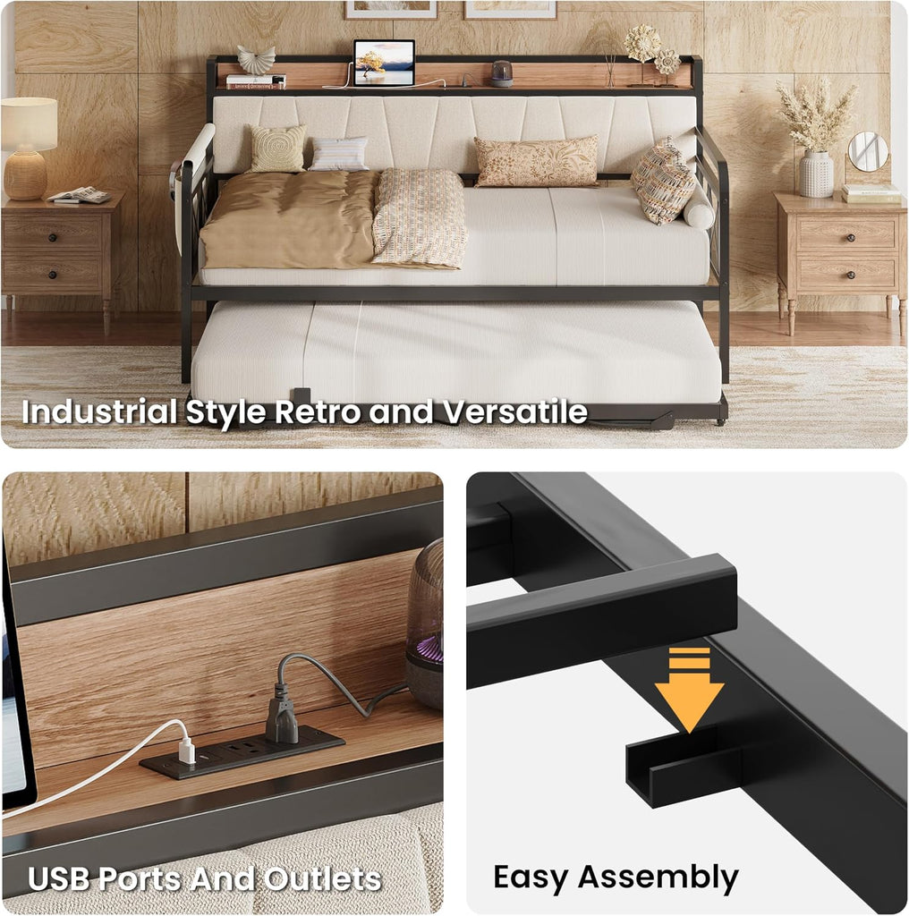 Twin XL Daybed, Day Bed Frame with Pop Up Trundle, Beige | Pop Up Trundle Bed with Smooth Wheels, Charging Station