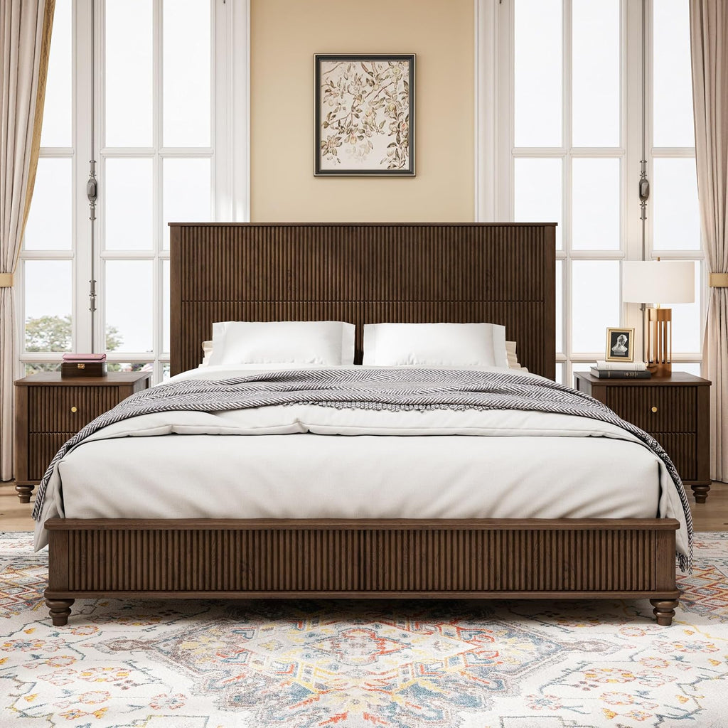 53.94" Tall Headboard Bed Frame Solid Wood Bed Frame Low Profile Farmhouse Wood Bed with Wooden Slats No Box Spring