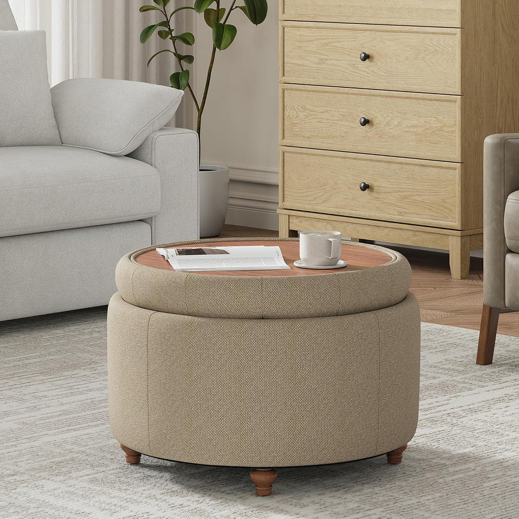 25Inch Round Storage Ottoman, Small Round Ottoman Coffee Table with Storage | Tufted Fabric Storage Ottoman with
