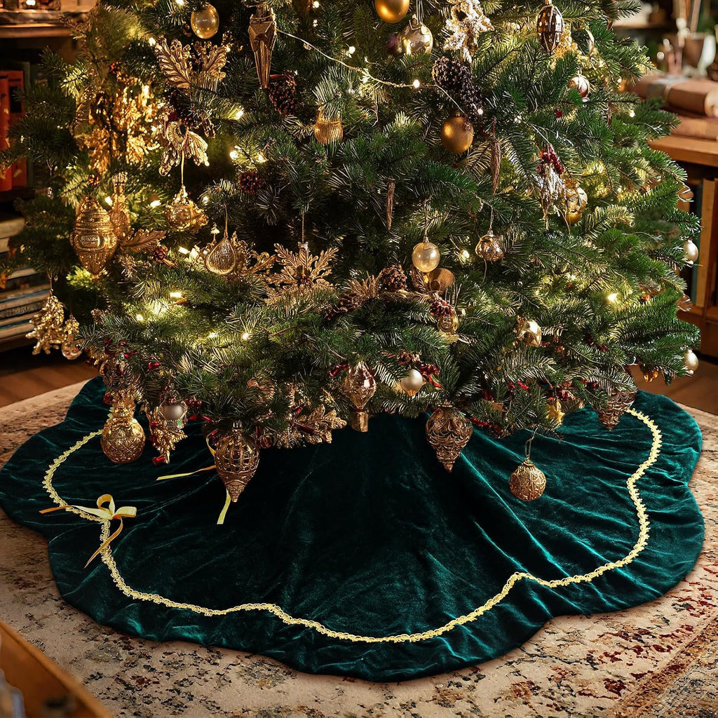 Christmas Tree Skirt 48 Inch Green Velvet Fur Scallop Tree Skirt Sparking Gold Lace Trim for Party Rustic Xmas