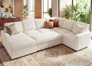 Corduroy Sectional Sleeper Sofa with Pull Out Bed, 7 Seaters 106 Inch U Shaped Setional Couch, Beige